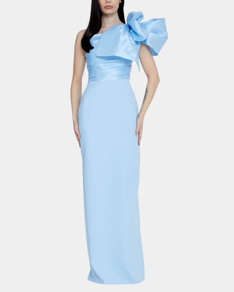 Robe en crêpe manche maxi bouffante bleu