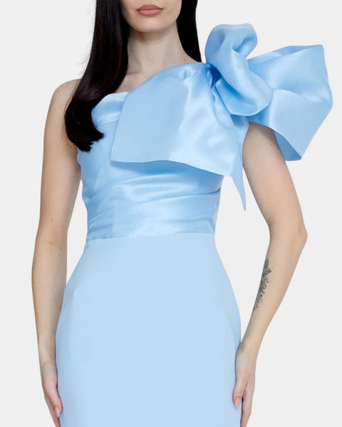 Robe en crêpe manche maxi bouffante bleu